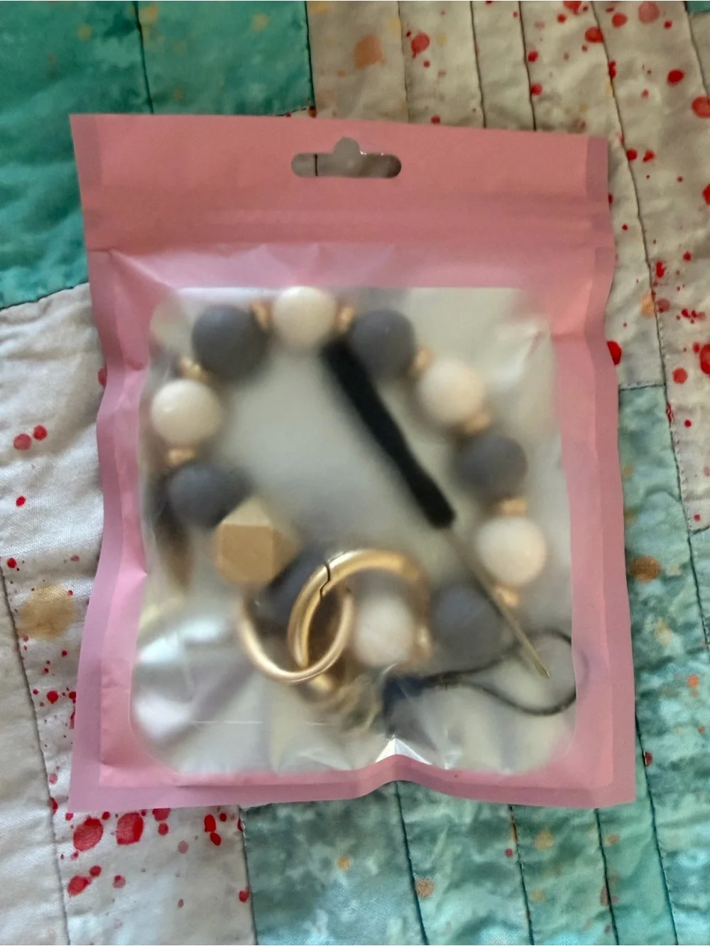 Gray & White Beaded Wristlet Keychain with Gold Accents